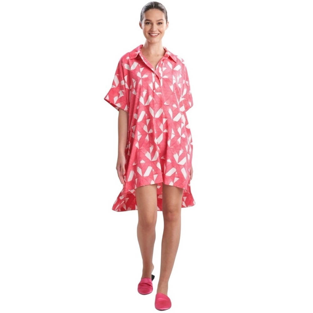 Natori Sumi Short Sleeve Pink Geometric Casual Beachwear Caftan Women Size XS